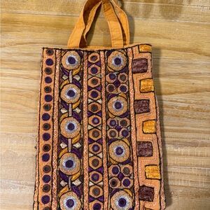 Boho Chic Embroidered Tote Bag in Orange and Purple